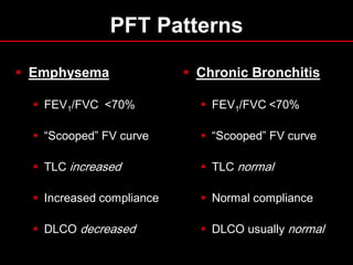 PFT Patterns
 Emphysema

 Chronic Bronchitis

 FEV1/FVC <70%

 FEV1/FVC <70%

 “Scooped” FV curve

 “Scooped” FV curve

 TLC increased

 TLC normal

 Increased compliance

 Normal compliance

 DLCO decreased

 DLCO usually normal

 