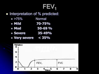 FEV1


Interpretation of % predicted:






>75%
Normal
Mild
70-75%
Mod
50-69 %
Severe
35-49%
Very severe < 35%

FEV1

FVC

 
