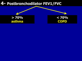4- Postbronchodilator FEV1/FVC
> 70%
asthma

< 70%
COPD

 