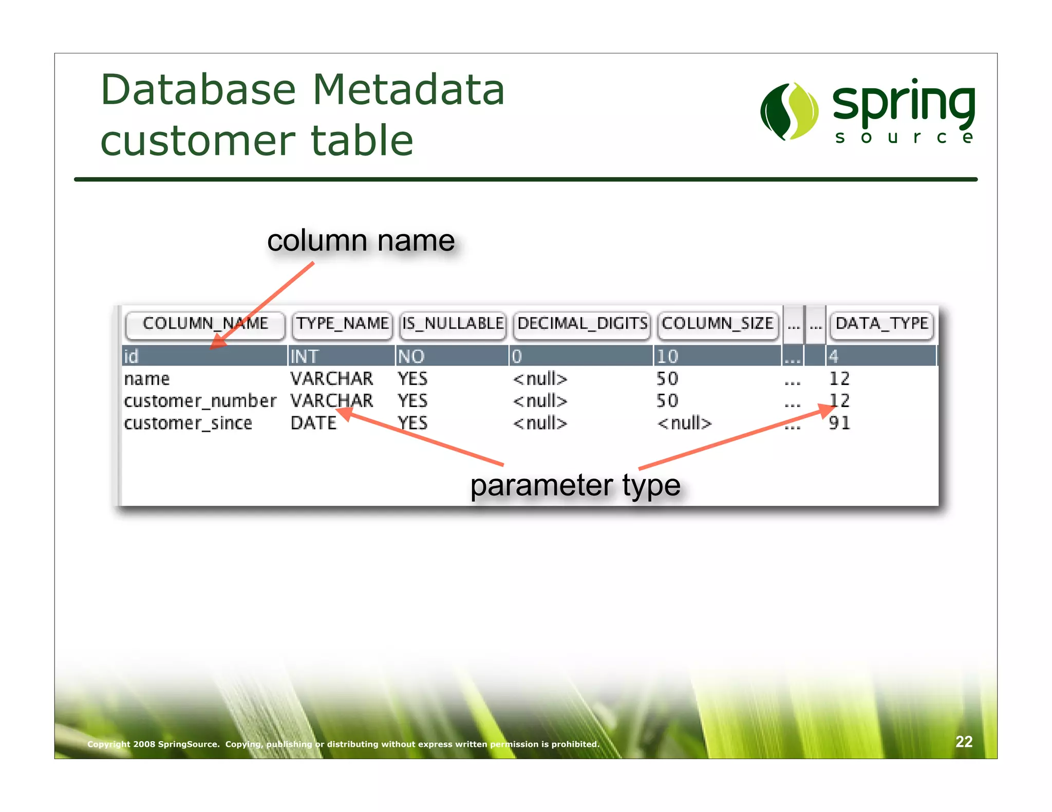 Database Metadata
  customer table

                                       column name




                                                                                     parameter type




Copyright 2008 SpringSource. Copying, publishing or distributing without express written permission is prohibited.   22
 