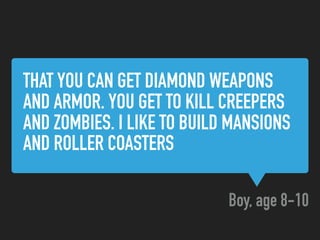 THAT YOU CAN GET DIAMOND WEAPONS
AND ARMOR. YOU GET TO KILL CREEPERS
AND ZOMBIES. I LIKE TO BUILD MANSIONS
AND ROLLER COASTERS
Boy, age 8-10
 