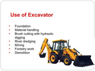 Use of Excavator
• Foundation
• Material handling
• Brush cutting with hydraulic
digging
• River dredging
• Mining
• Fores...