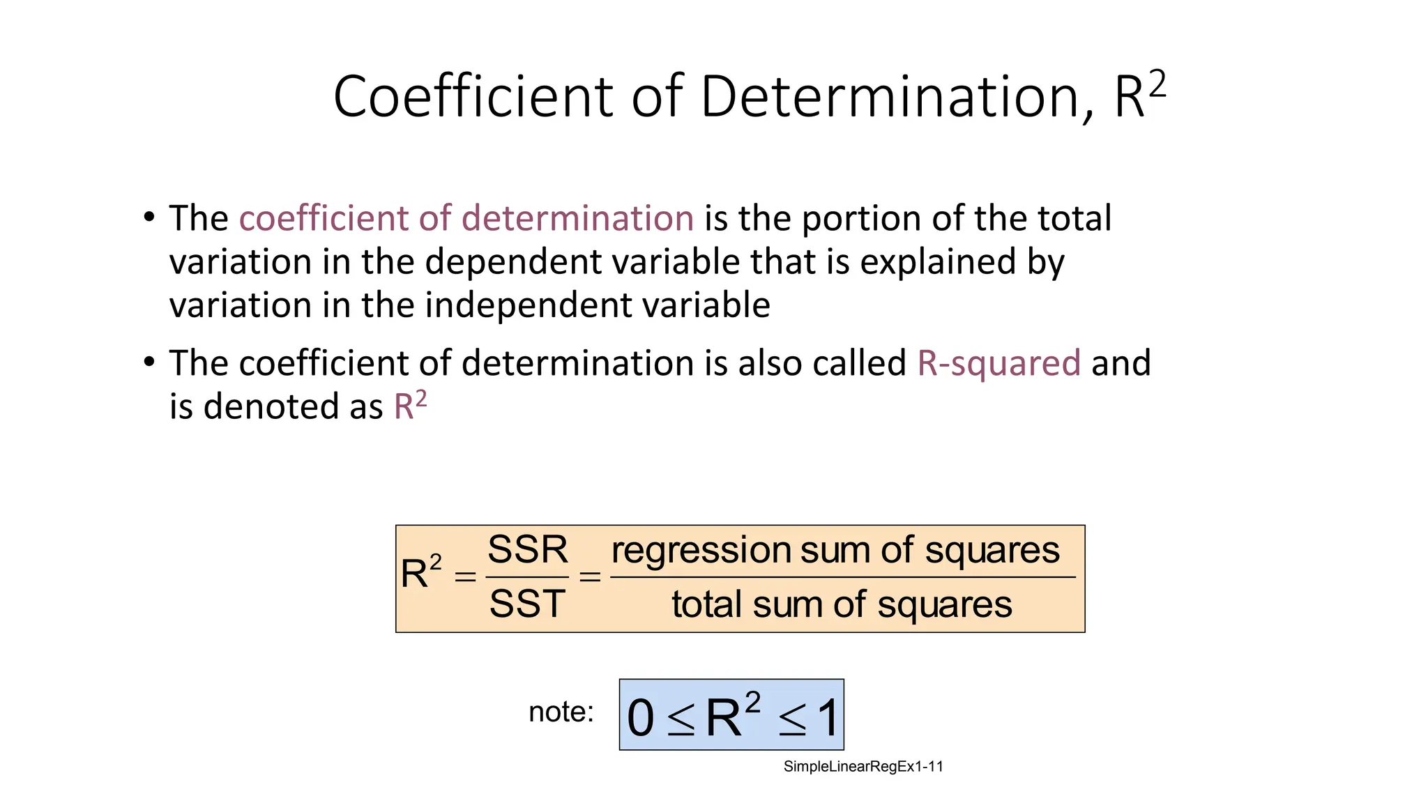 • The coefficient of determination is the portion of the total
variation in the dependent variable that is explained by
variation in the independent variable
• The coefficient of determination is also called R-squared and
is denoted as R2
Coefficient of Determination, R2
1
R
0 2


note:
squares
of
sum
total
squares
of
sum
regression
SST
SSR
R2


SimpleLinearRegEx1-11
 