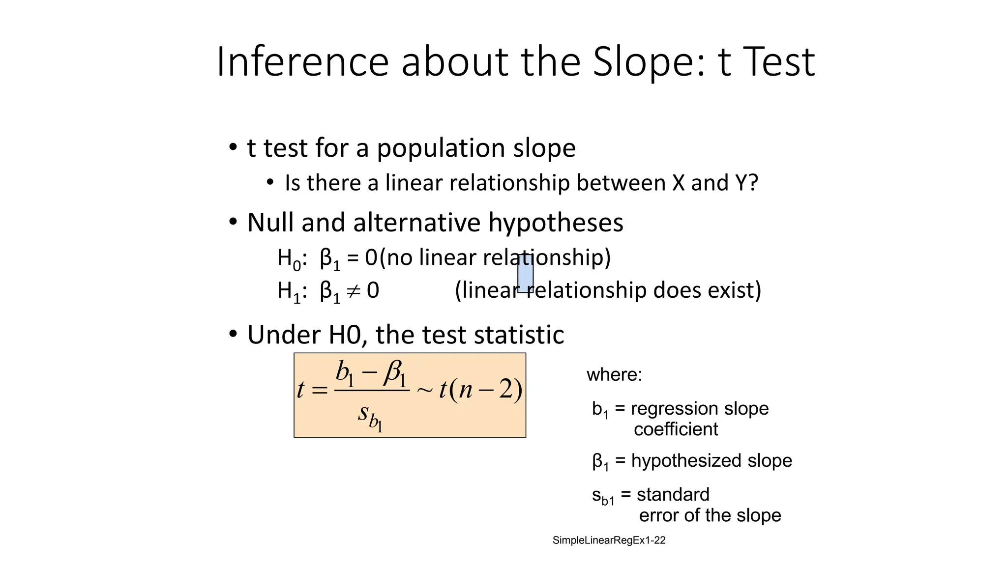 Inference about the Slope: t Test
• t test for a population slope
• Is there a linear relationship between X and Y?
• Null and alternative hypotheses
H0: β1 = 0(no linear relationship)
H1: β1  0 (linear relationship does exist)
• Under H0, the test statistic
1
1 1
~ ( 2)
b
b
t t n
s


 
where:
b1 = regression slope
coefficient
β1 = hypothesized slope
sb1 = standard
error of the slope
SimpleLinearRegEx1-22
 