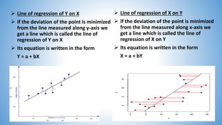  Line of regression of Y on X
 If the deviation of the point is minimized
from the line measured along y-axis we
get a line which is called the line of
regression of Y on X
 Its equation is written in the form
Y = a + bX
 Line of regression of X on Y
 If the deviation of the point is minimized
from the line measured along x-axis we
get a line which is called the line of
regression of X on Y
 Its equation is written in the form
X = a + bY
 