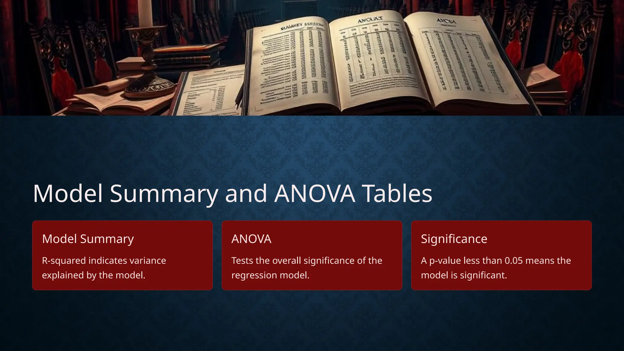 Model Summary and ANOVA Tables
Model Summary
R-squared indicates variance
explained by the model.
ANOVA
Tests the overall significance of the
regression model.
Significance
A p-value less than 0.05 means the
model is significant.
 