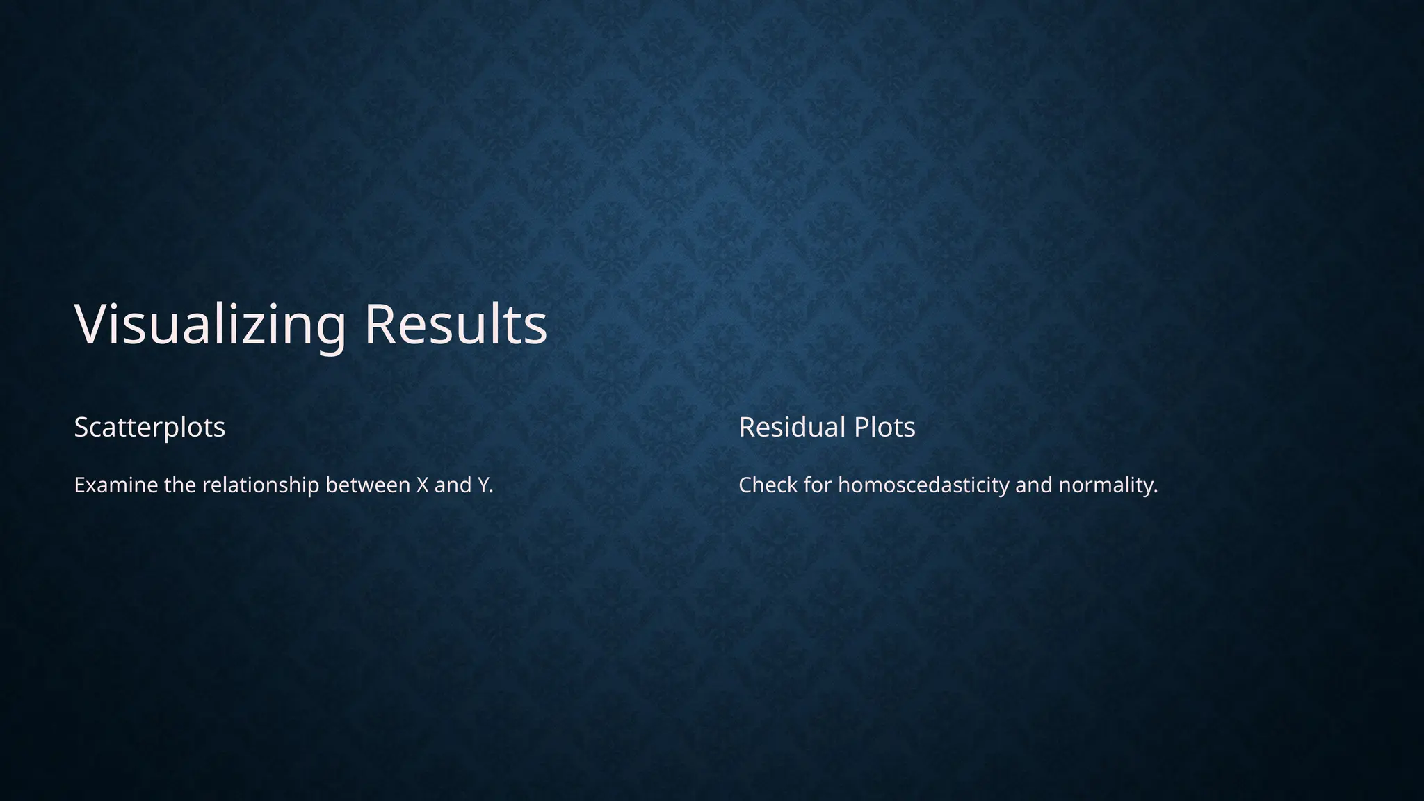 Visualizing Results
Scatterplots
Examine the relationship between X and Y.
Residual Plots
Check for homoscedasticity and normality.
 