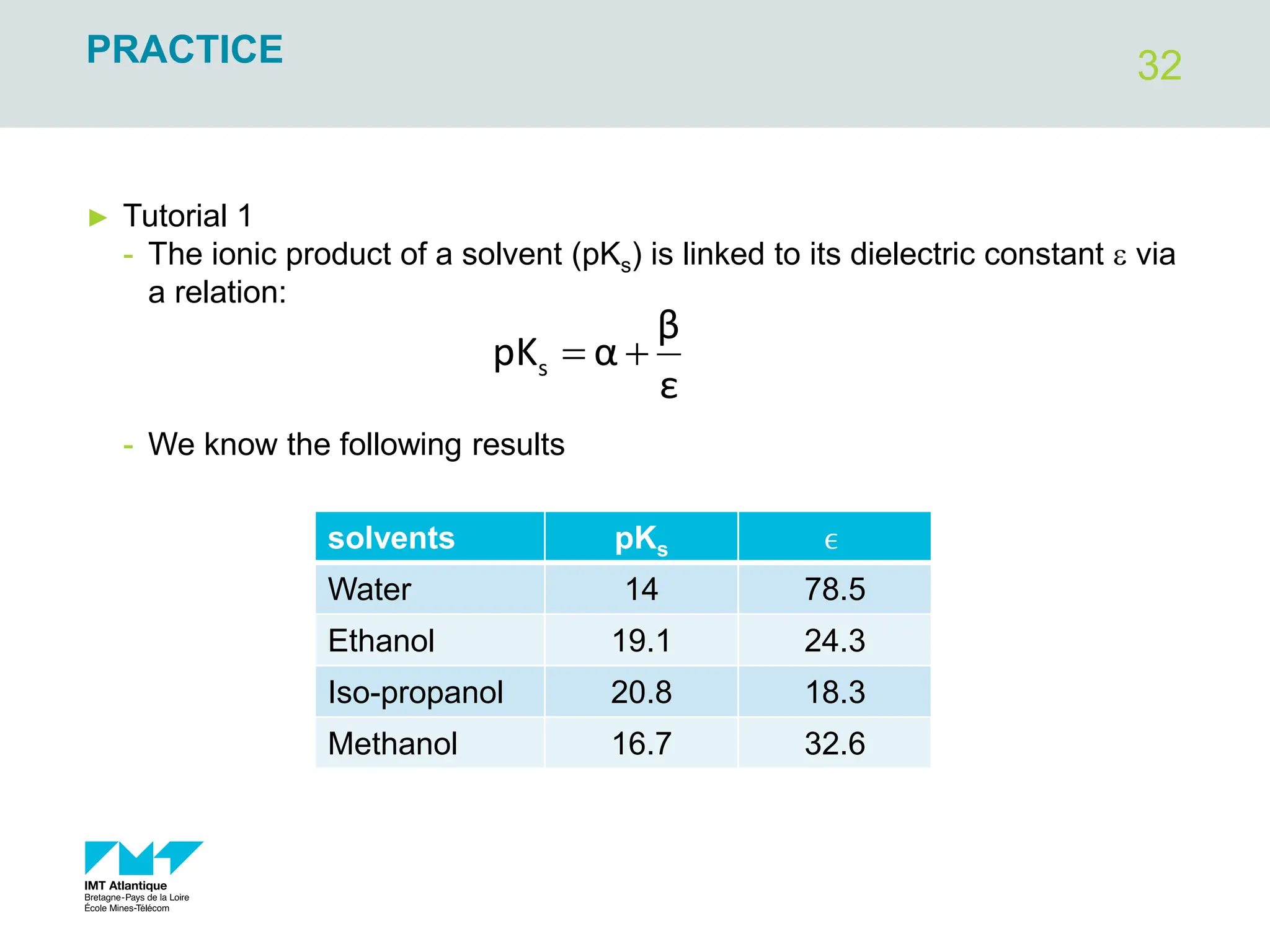 32
PRACTICE
► Tutorial 1
- The ionic product of a solvent (pKs) is linked to its dielectric constant e via
a relation:
- We know the following results
ε
β
α
pKs 

solvents pKs ϵ
Water 14 78.5
Ethanol 19.1 24.3
Iso-propanol 20.8 18.3
Methanol 16.7 32.6
 