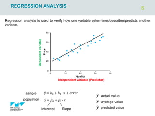 6
REGRESSION ANALYSIS
Regression analysis is used to verify how one variable determines/describes/predicts another
variable.
Dependent
variable
Independent variable (Predictor)
0
20
40
60
80
0 10 20 30 40
Price
Quality
ො
𝑦 = 𝑏0 + 𝑏1 ∙ 𝑥 + 𝑒𝑟𝑟𝑜𝑟
Intercept Slope
ො
𝑦 = 𝛽0 + 𝛽1 ∙ 𝑥
sample
population
ෝ
𝒚
ഥ
𝒚
𝒚 actual value
average value
predicted value
 