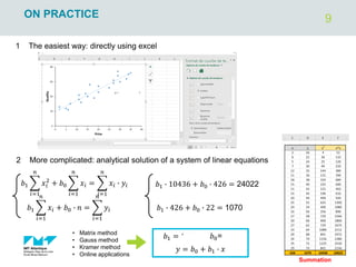 9
ON PRACTICE
1 The easiest way: directly using excel
2 More complicated: analytical solution of a system of linear equations
𝑏1 ෍
𝑖=1
𝑛
𝑥𝑖
2
+ 𝑏0 ෍
𝑖=1
𝑛
𝑥𝑖 = ෍
𝑖=1
𝑛
𝑥𝑖 ∙ 𝑦𝑖
𝑏1 ෍
𝑖=1
𝑛
𝑥𝑖 + 𝑏0 ∙ 𝑛 = ෍
𝑖=1
𝑛
𝑦𝑖
• Matrix method
• Gauss method
• Kramer method
• Online applications
𝑏1 ∙ 10436 + 𝑏0 ∙ 426 = 24022
𝑏1 ∙ 426 + 𝑏0 ∙ 22 = 1070
𝑏1 = 1.51 𝑏0=19.4
𝑦 = 𝑏0 + 𝑏1 ∙ 𝑥
Summation
 