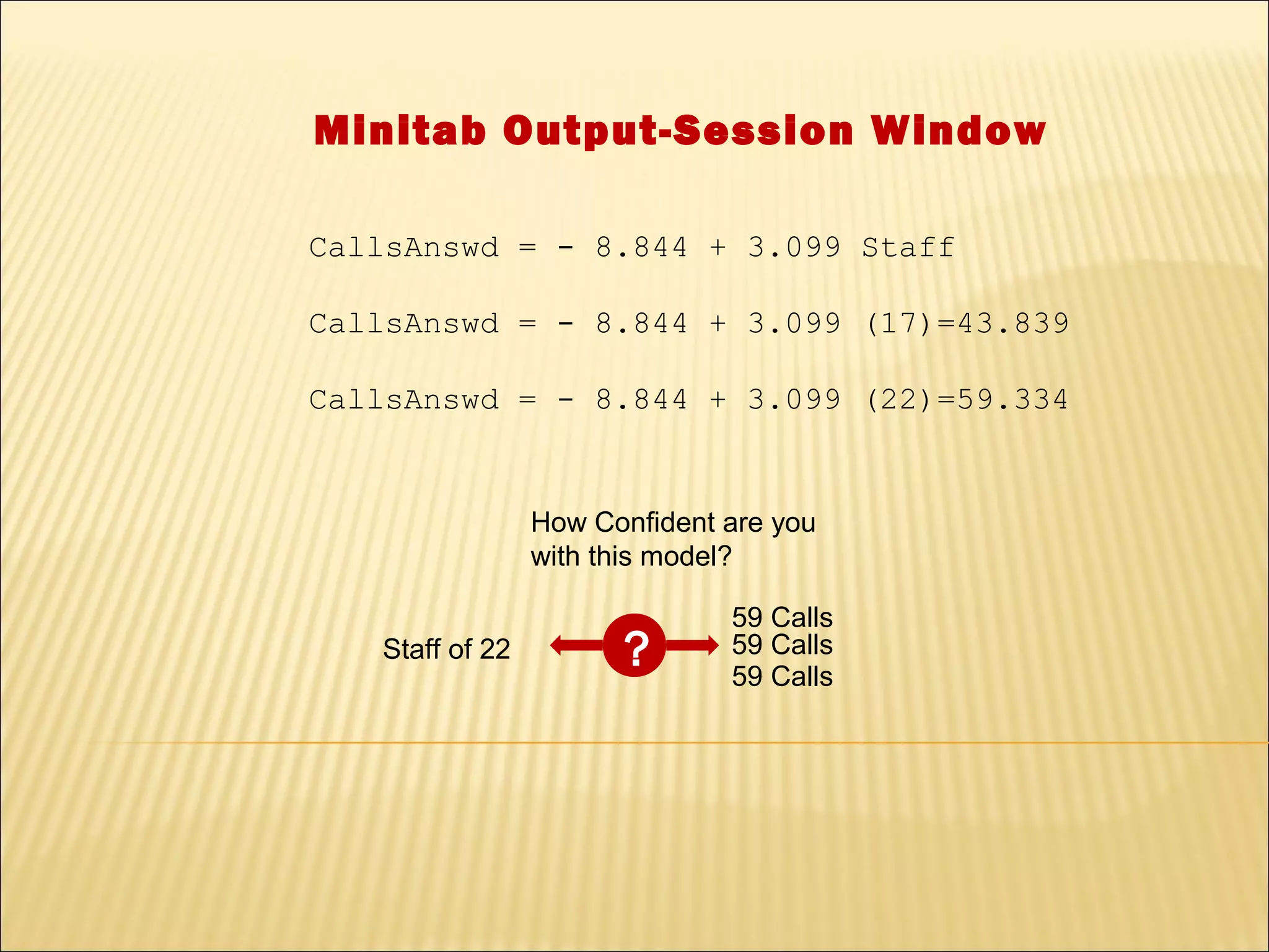 Minitab Output-Session Window

CallsAnswd = - 8.844 + 3.099 Staff

CallsAnswd = - 8.844 + 3.099 (17)=43.839

CallsAnswd = - 8.844 + 3.099 (22)=59.334


                 How Confident are you
                 with this model?

                               59 Calls
   Staff of 22         ?       59 Calls
                               59 Calls
 
