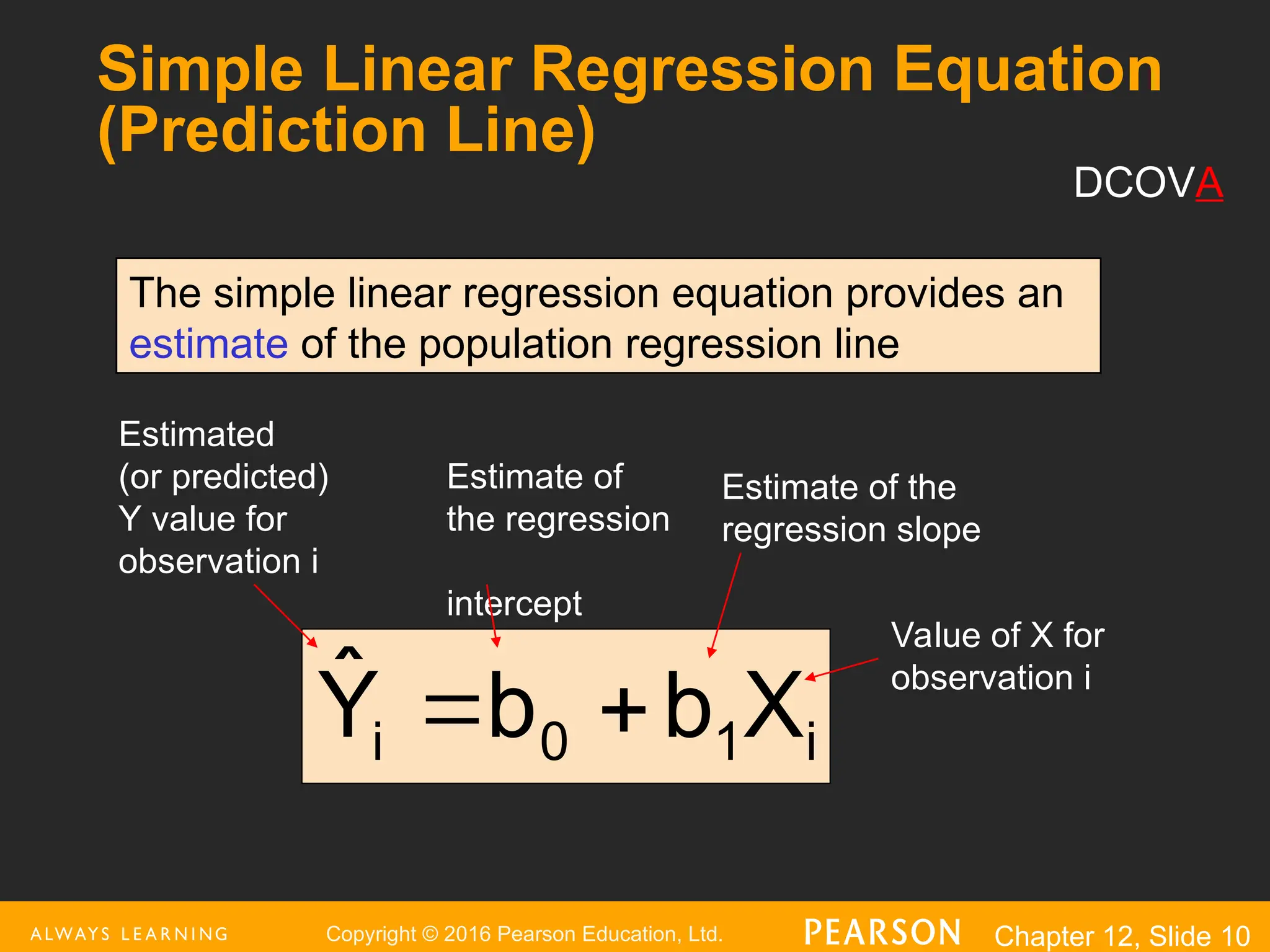Copyright © 2016 Pearson Education, Ltd. Chapter 12, Slide 10
Simple Linear Regression Equation
(Prediction Line)
i
1
0
i X
b
b
Ŷ 

The simple linear regression equation provides an
estimate of the population regression line
Estimate of
the regression
intercept
Estimate of the
regression slope
Estimated
(or predicted)
Y value for
observation i
Value of X for
observation i
DCOVA
 