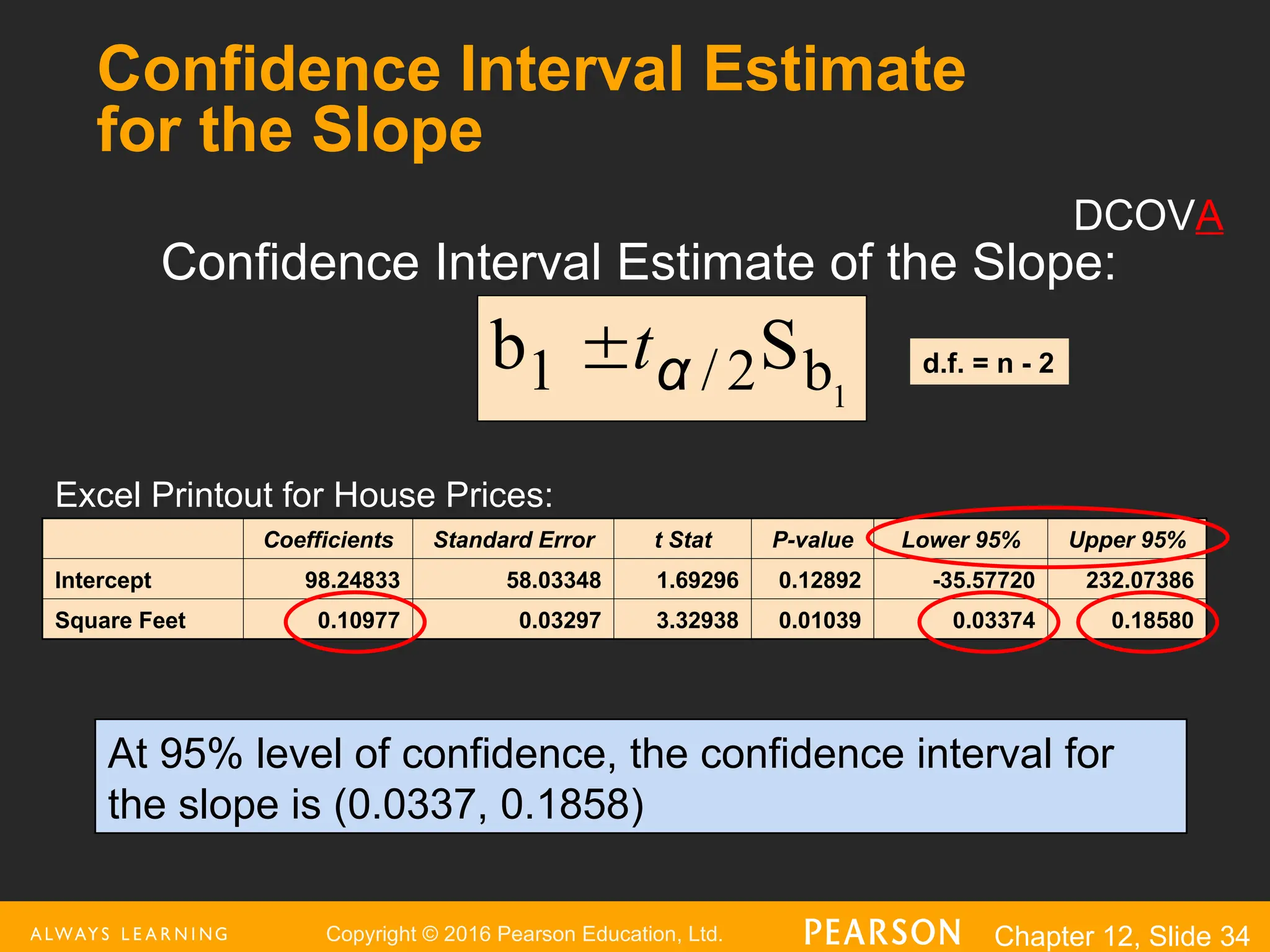 Copyright © 2016 Pearson Education, Ltd. Chapter 12, Slide 34
Confidence Interval Estimate
for the Slope
Confidence Interval Estimate of the Slope:
Excel Printout for House Prices:
At 95% level of confidence, the confidence interval for
the slope is (0.0337, 0.1858)
1
b
2
/
1 S
b α
t

Coefficients Standard Error t Stat P-value Lower 95% Upper 95%
Intercept 98.24833 58.03348 1.69296 0.12892 -35.57720 232.07386
Square Feet 0.10977 0.03297 3.32938 0.01039 0.03374 0.18580
d.f. = n - 2
DCOVA
 