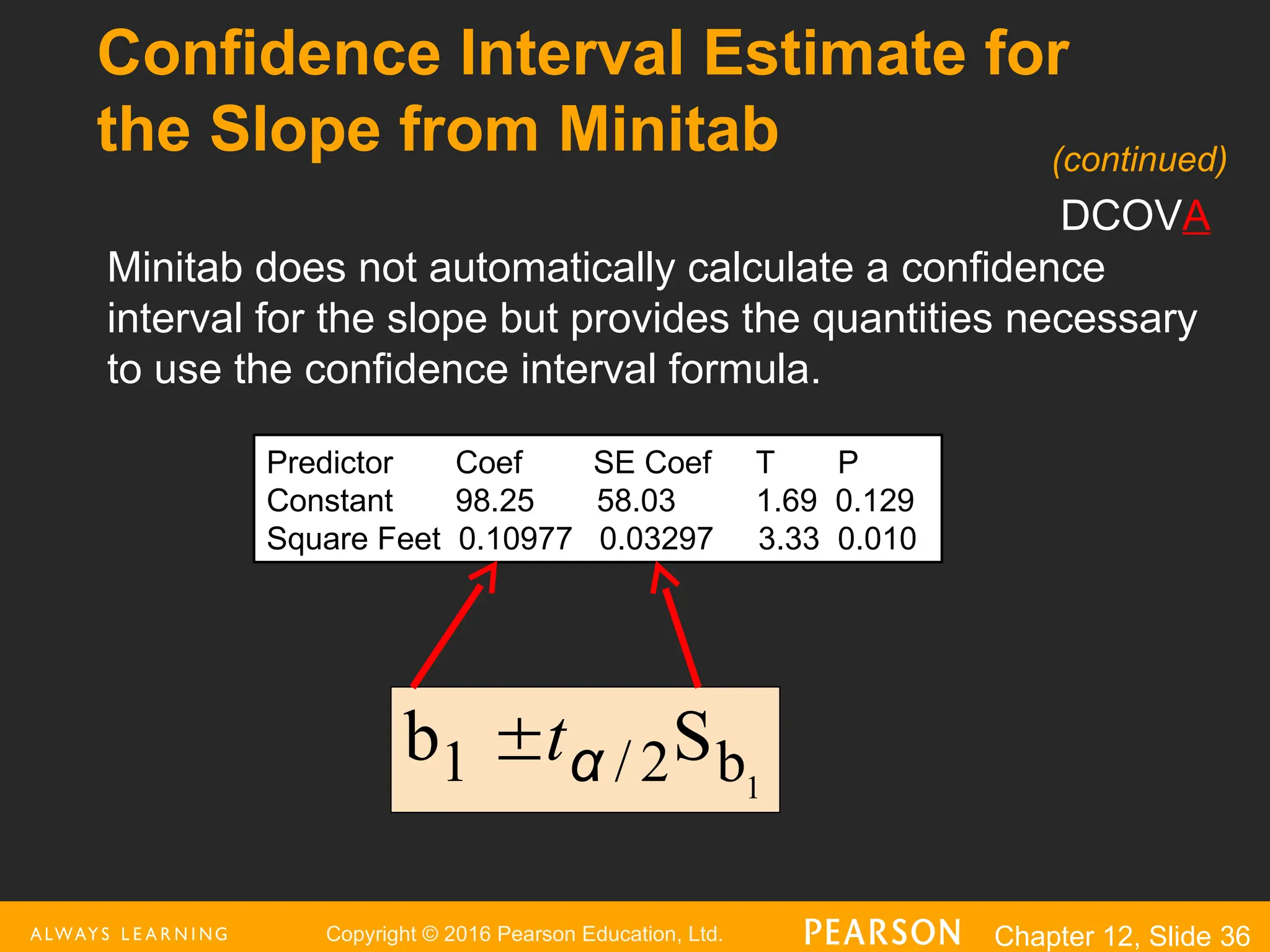 Copyright © 2016 Pearson Education, Ltd. Chapter 12, Slide 36
Confidence Interval Estimate for
the Slope from Minitab
DCOVA
Predictor Coef SE Coef T P
Constant 98.25 58.03 1.69 0.129
Square Feet 0.10977 0.03297 3.33 0.010
Minitab does not automatically calculate a confidence
interval for the slope but provides the quantities necessary
to use the confidence interval formula.
1
b
2
/
1 S
b α
t

(continued)
 