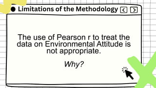 Limitations of the Methodology
The use of Pearson r to treat the
data on Environmental Attitude is
not appropriate.
Why?
 
