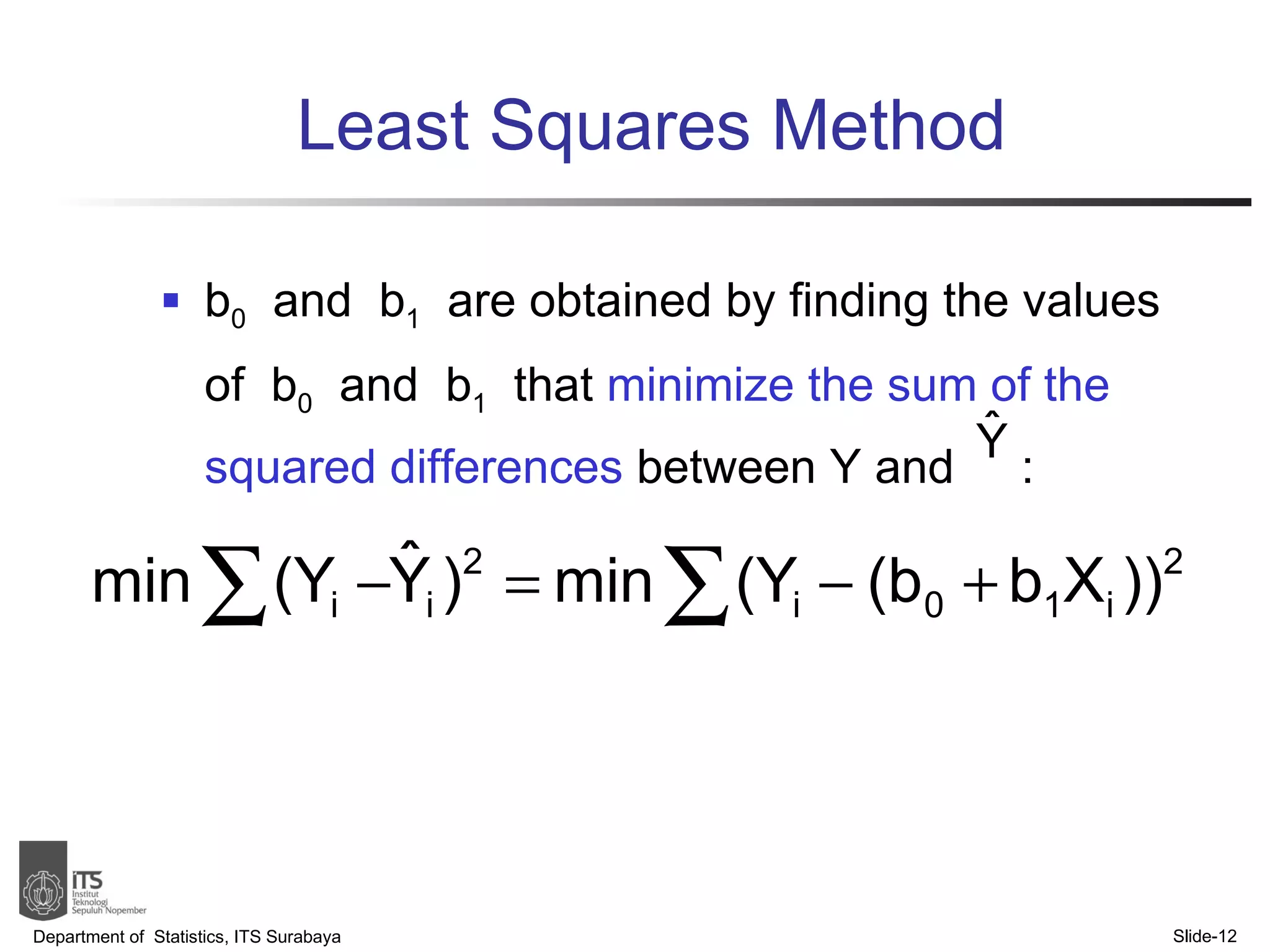 Least Squares Method b 0   and  b 1   are obtained by finding the values of  b 0   and  b 1   that  minimize the sum of the squared differences  between Y and  : Department of  Statistics, ITS Surabaya Slide- 