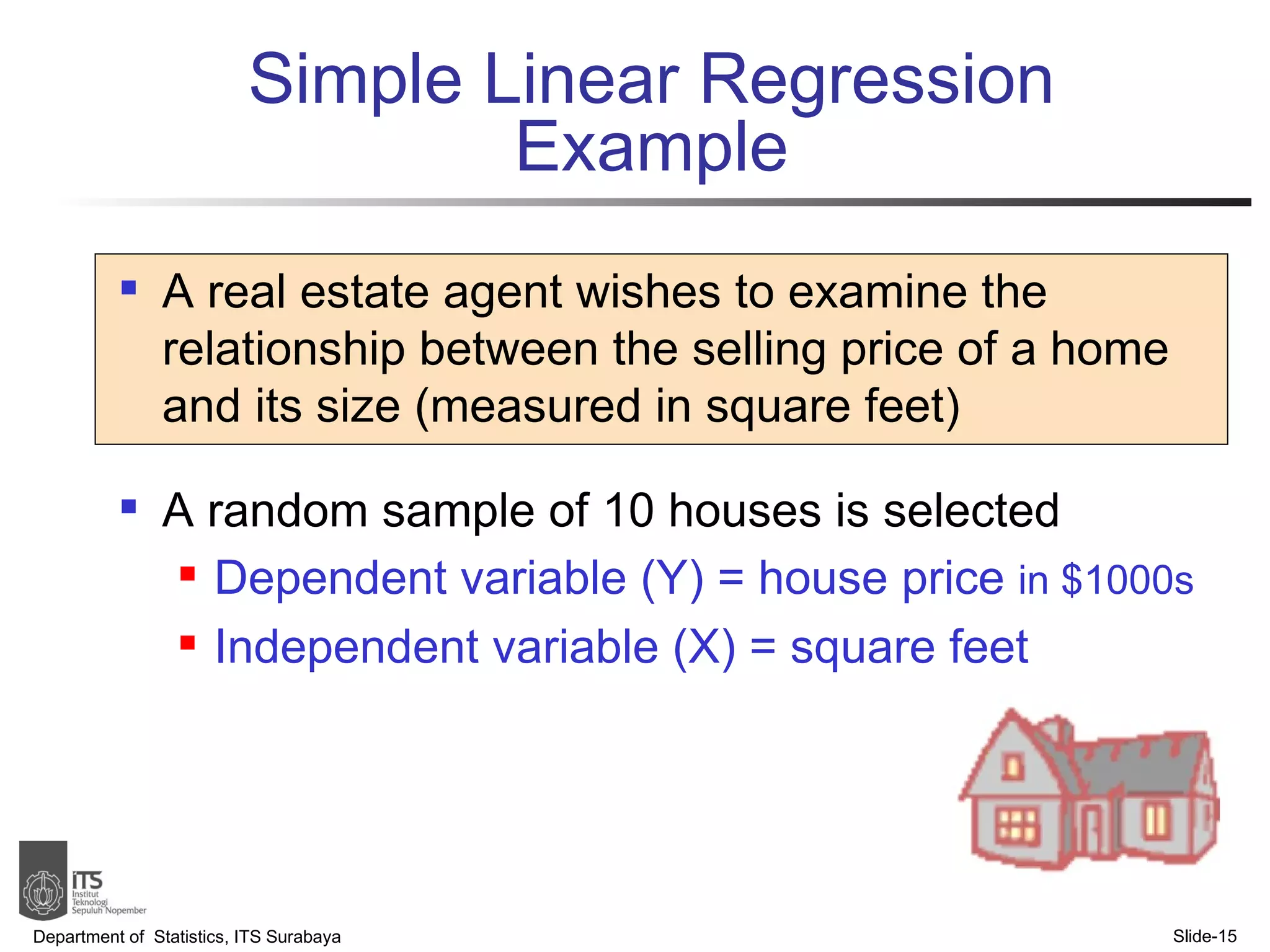 Simple Linear Regression Example A real estate agent wishes to examine the relationship between the selling price of a home and its size (measured in square feet) A random sample of 10 houses is selected Dependent variable (Y) = house price  in $1000s Independent variable (X) = square feet Department of  Statistics, ITS Surabaya Slide- 