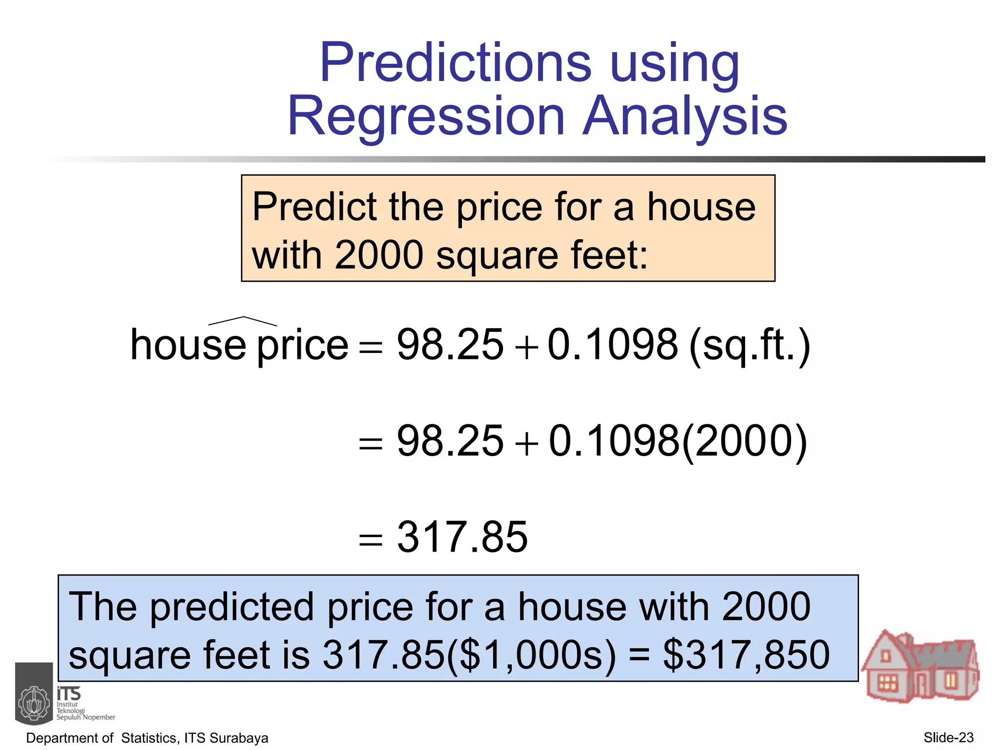 Predictions using  Regression Analysis Department of  Statistics, ITS Surabaya Slide- Predict the price for a house with 2000 square feet: The predicted price for a house with 2000 square feet is 317.85($1,000s) = $317,850 