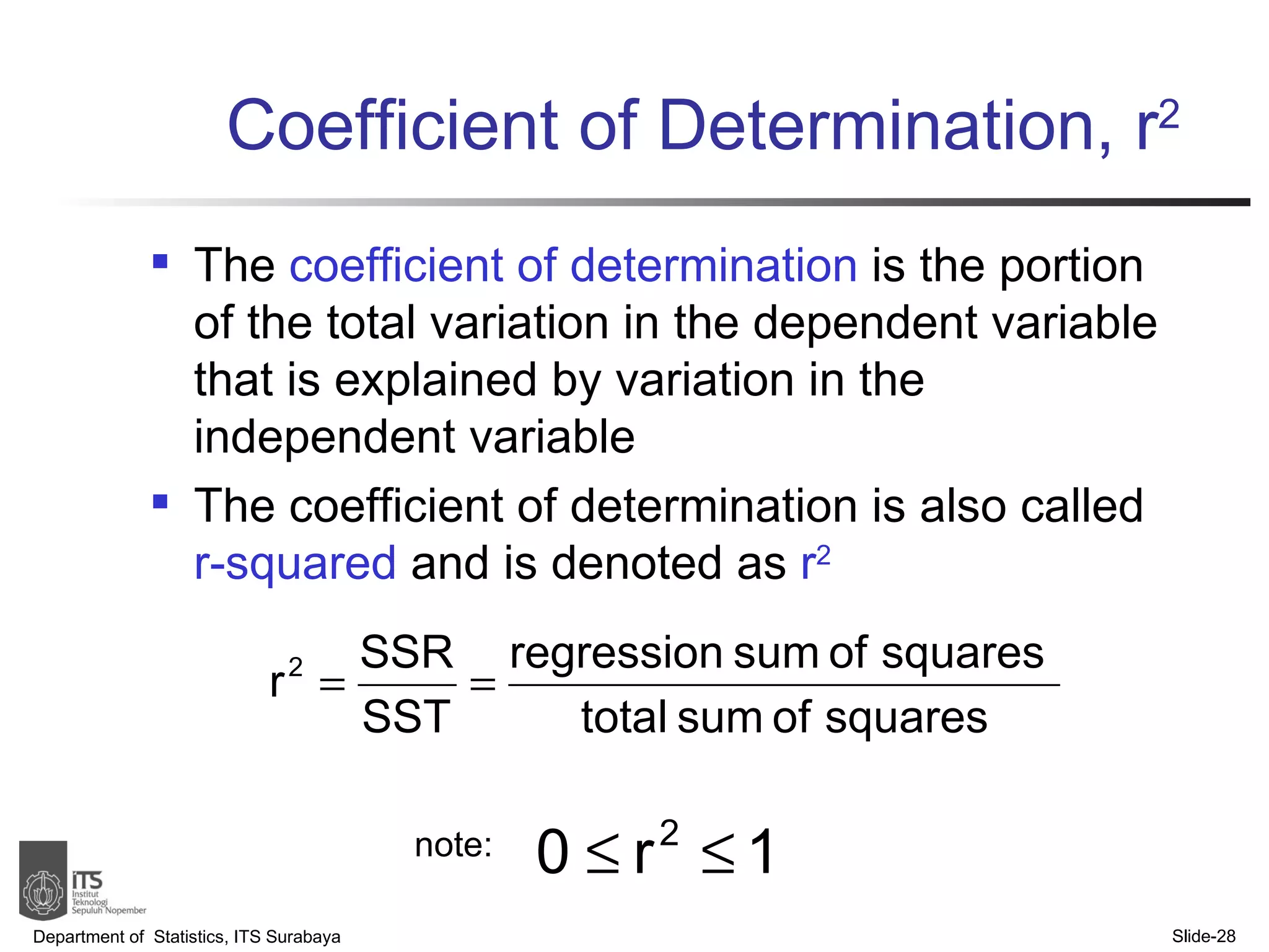 The  coefficient of determination  is the portion of the total variation in the dependent variable that is explained by variation in the independent variable The coefficient of determination is also called  r-squared  and is denoted as  r 2 Coefficient of Determination, r 2 Department of  Statistics, ITS Surabaya Slide- note: 