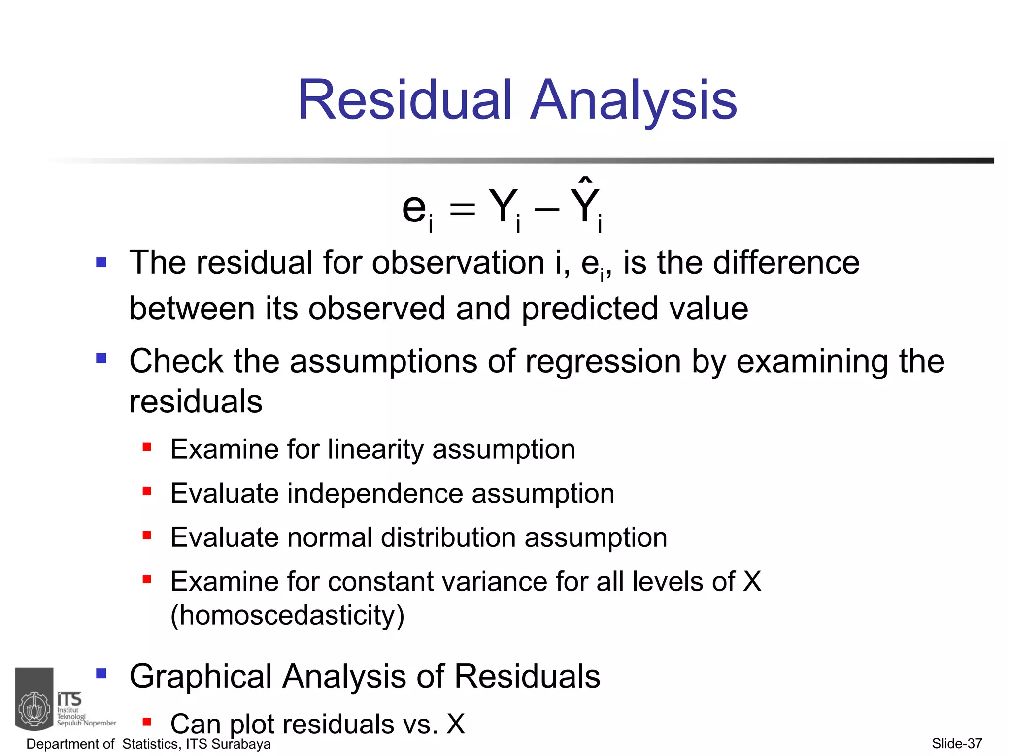 Residual Analysis The residual for observation i, e i , is the difference between its observed and predicted value Check the assumptions of regression by examining the residuals Examine for linearity assumption Evaluate independence assumption  Evaluate normal distribution assumption  Examine for constant variance for all levels of X (homoscedasticity)  Graphical Analysis of Residuals Can plot residuals vs. X Department of  Statistics, ITS Surabaya Slide- 