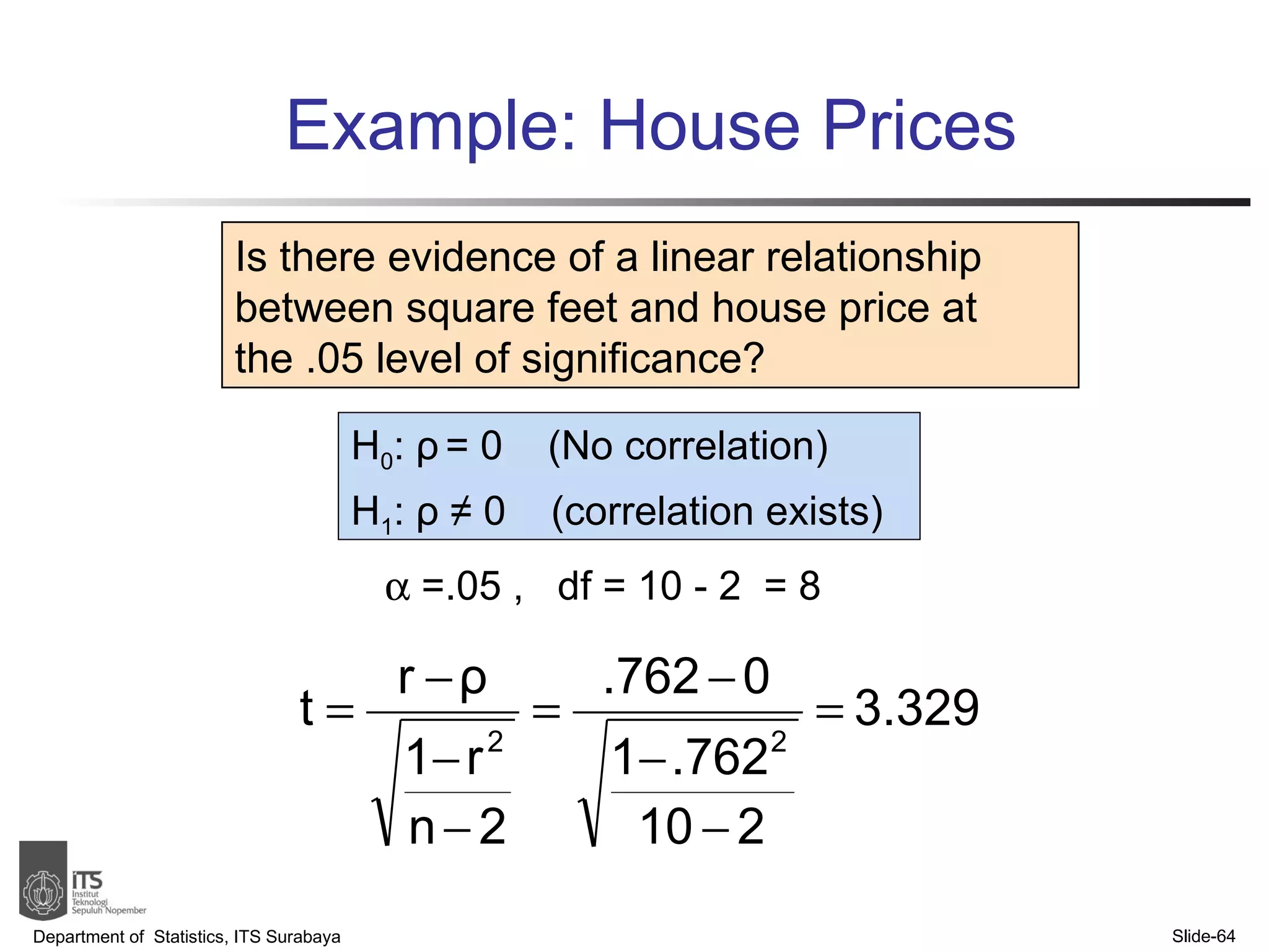 Example: House Prices Department of  Statistics, ITS Surabaya Slide- Is there evidence of a linear relationship between square feet and house price at the .05 level of significance? H 0 :  ρ   = 0  (No correlation) H 1 :  ρ   ≠  0  (correlation exists)    =.05 ,  df   =   10 - 2  = 8 