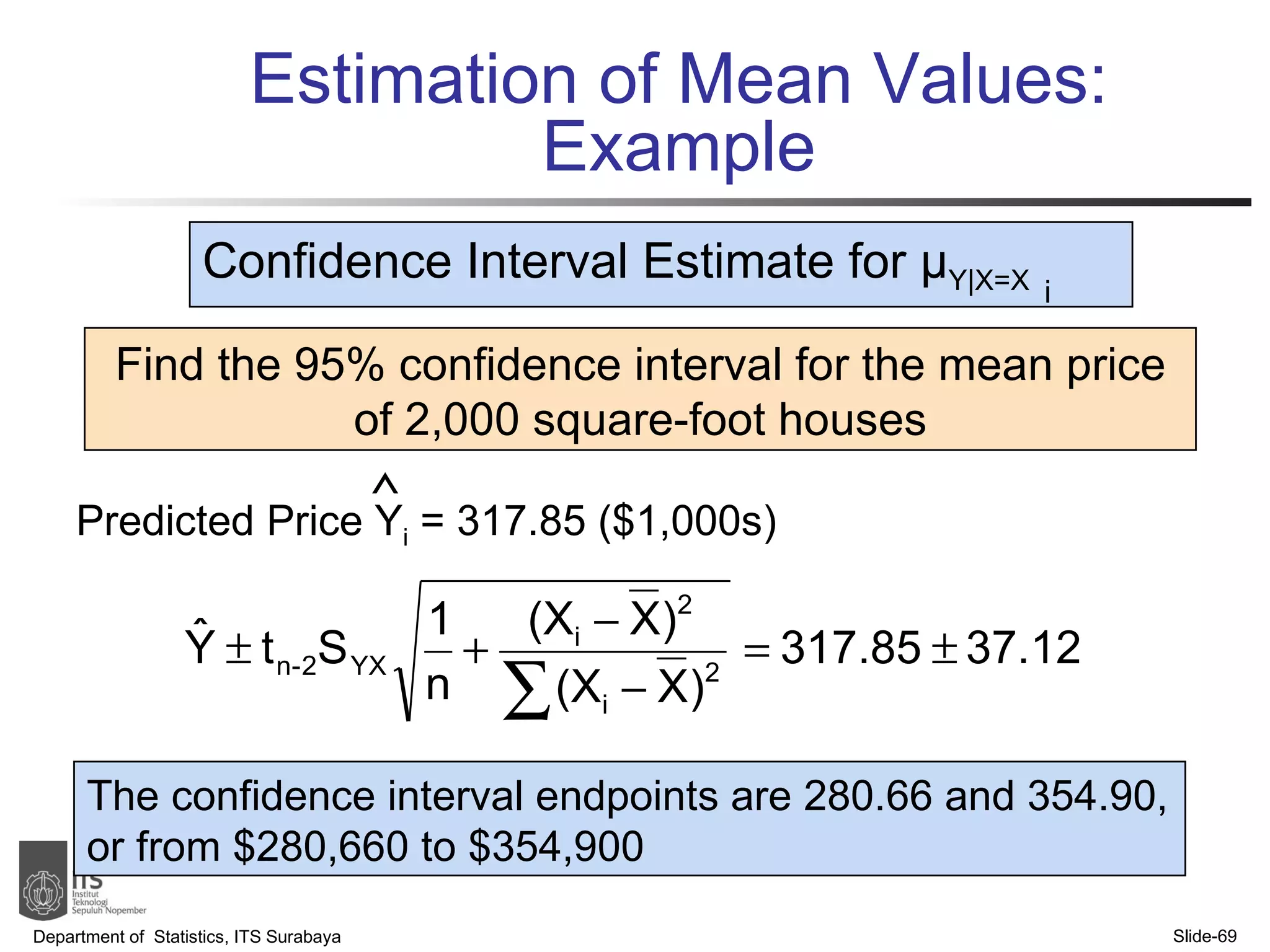 Estimation of Mean Values: Example Department of  Statistics, ITS Surabaya Slide- Find the 95% confidence interval for the mean price of 2,000 square-foot houses Predicted Price Y i  = 317.85 ($1,000s)  Confidence Interval Estimate for  μ Y|X=X The confidence interval endpoints are 280.66 and 354.90, or from $280,660 to $354,900 i 