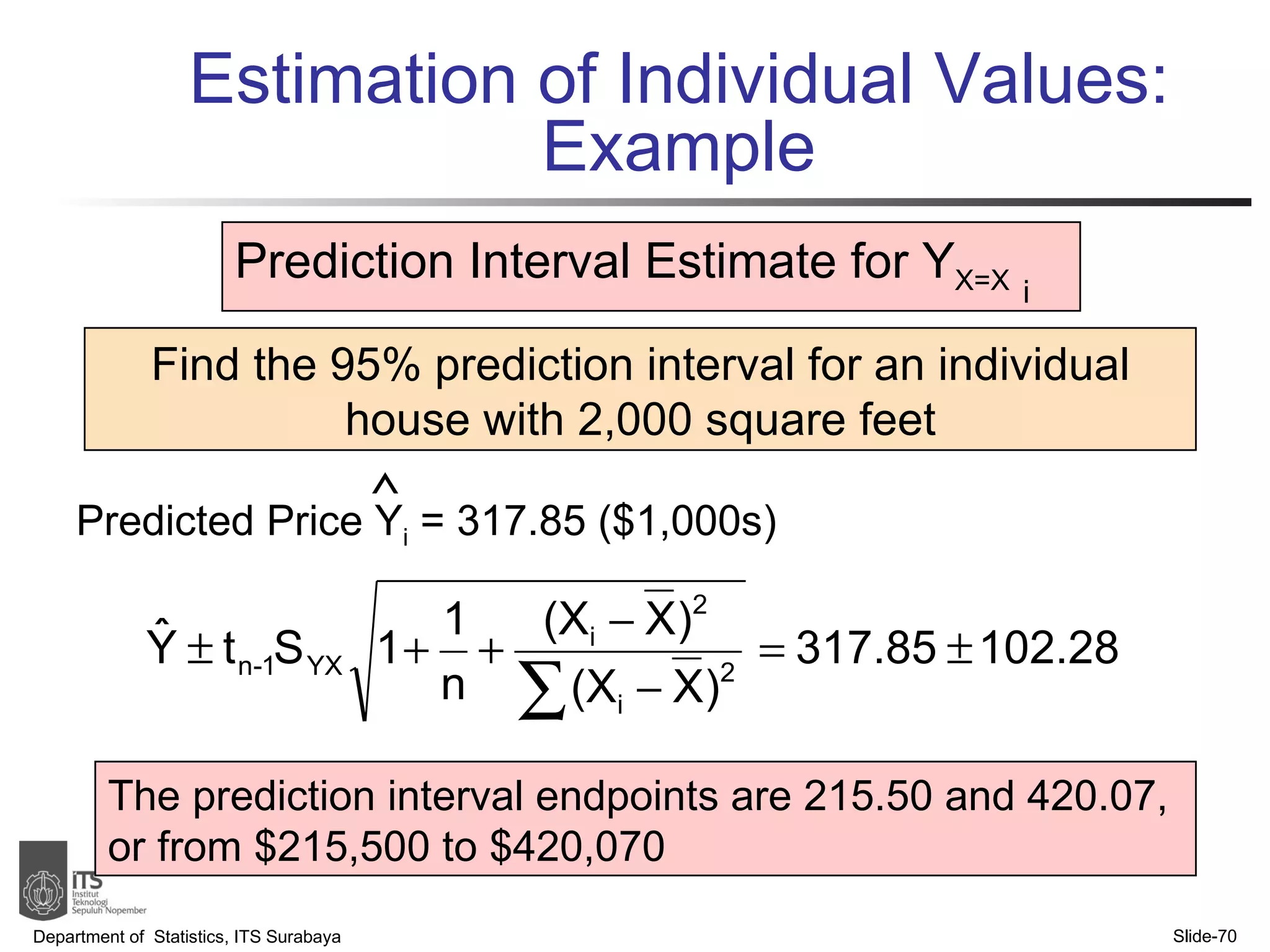 Estimation of Individual Values: Example Department of  Statistics, ITS Surabaya Slide- Find the 95% prediction interval for an individual house with 2,000 square feet Predicted Price Y i  = 317.85 ($1,000s)  Prediction Interval Estimate for Y X=X The prediction interval endpoints are 215.50 and 420.07, or from $215,500 to $420,070 i 