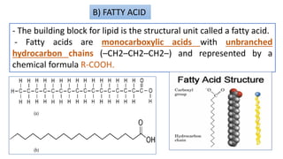 B) FATTY ACID
- The building block for lipid is the structural unit called a fatty acid.
- Fatty acids are monocarboxylic acids with unbranched
hydrocarbon chains (–CH2–CH2–CH2–) and represented by a
chemical formula R-COOH.
 