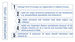 Storage Form of energy e.g. triglycerides in adipose tissues.
Lipid are major structural components of cell membranes
e.g. phospholipids, glycolipids and cholesterol.
Lipids surround and insulate vital body organs e.g.
kidneys
Lipids are important dietary constituents because of fat
soluble vitamins (A, D, E and K) and essential fatty acids
which present in food.
Cholesterol: A precursor of many steroid hormones and
Vitamin D.
2
1
3
4
IMPORTANCE
OF
LIPIDS
5
 