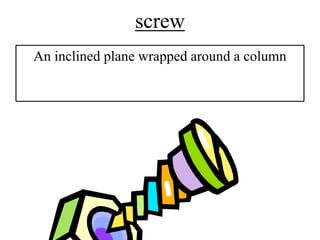 screw
An inclined plane wrapped around a column
 