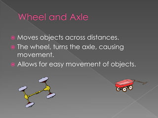 Wheel and AxleMoves objects across distances.  The wheel, turns the axle, causing movement.Allows for easy movement of objects. 