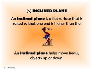 ©A. Weinberg
(5) INCLINED PLANE
An inclined plane is a flat surface that is
raised so that one end is higher than the
other.
An inclined plane helps move heavy
objects up or down.
 