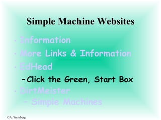 ©A. Weinberg
Simple Machine WebsitesSimple Machine Websites
• Information
• More Links & Information
• EdHead
– Click the Green, Start Box
• DirtMeister
– Simple Machines
 