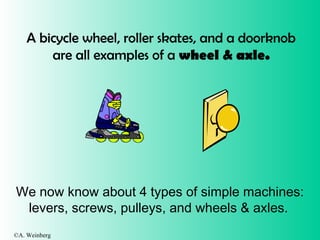 ©A. Weinberg
A bicycle wheel, roller skates, and a doorknob
are all examples of a wheel & axle.
We now know about 4 types ...