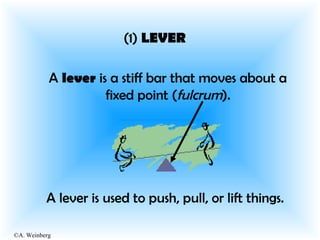 ©A. Weinberg
(1) LEVER
A lever is a stiff bar that moves about a
fixed point (fulcrum).
A lever is used to push, pull, or ...