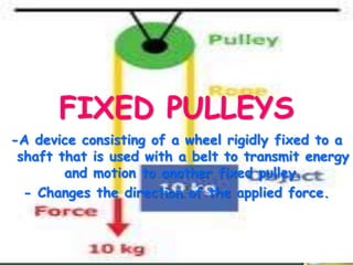 FIXED PULLEYS
-A device consisting of a wheel rigidly fixed to a
shaft that is used with a belt to transmit energy
and motion to another fixed pulley.
- Changes the direction of the applied force.

 