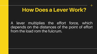 How Does a Lever Work?
A lever multiplies the effort force, which
depends on the distances of the point of effort
from the load rom the fulcrum.
 