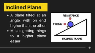 A plane tilted at an
angle, with on end
higher than the other
Makes getting things
to a higher place
easier
Inclined Plane
 