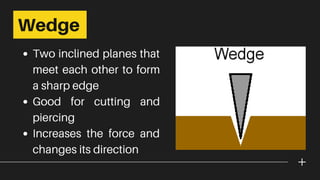Two inclined planes that
meet each other to form
a sharp edge
Good for cutting and
piercing
Increases the force and
changes its direction
Wedge
 