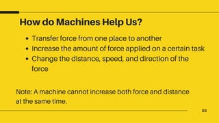 03
How do Machines Help Us?
Transfer force from one place to another
Increase the amount of force applied on a certain task
Change the distance, speed, and direction of the
force
Note: A machine cannot increase both force and distance
at the same time.
 