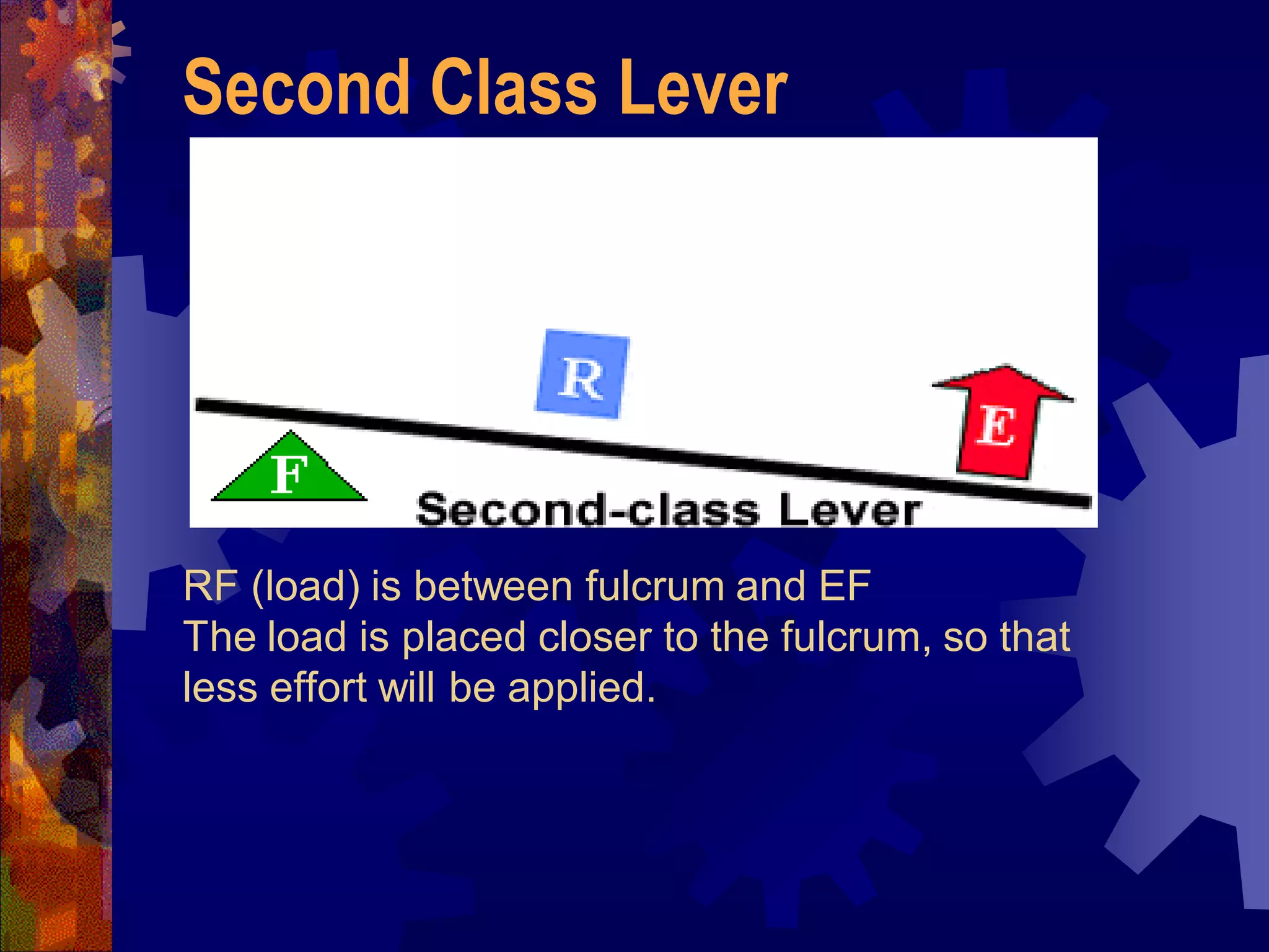 RF (load) is between fulcrum and EF
The load is placed closer to the fulcrum, so that
less effort will be applied.
Second Class Lever
 