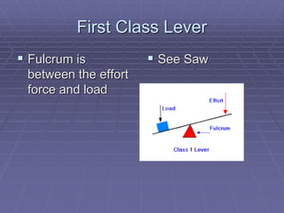 First Class Lever
 Fulcrum is
between the effort
force and load
 See Saw
 