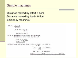 Simple machines
Distance moved by effort = 5cm
Distance moved by load= 0.5cm
Efficiency machine?
 