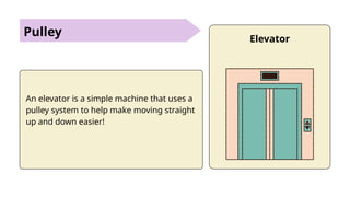 Pulley
An elevator is a simple machine that uses a
pulley system to help make moving straight
up and down easier!
Elevator
 