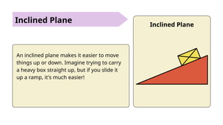 Inclined Plane
An inclined plane makes it easier to move
things up or down. Imagine trying to carry
a heavy box straight up, but if you slide it
up a ramp, it's much easier!
Inclined Plane
 