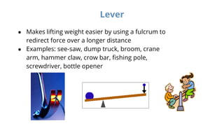 Lever
● Makes lifting weight easier by using a fulcrum to
redirect force over a longer distance
● Examples: see-saw, dump truck, broom, crane
arm, hammer claw, crow bar, fishing pole,
screwdriver, bottle opener
 