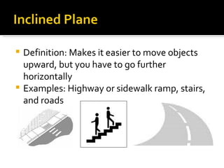 Definition: Makes it easier to move objects upward, but you have to go further horizontally Examples: Highway or sidewalk ramp, stairs, and roads 