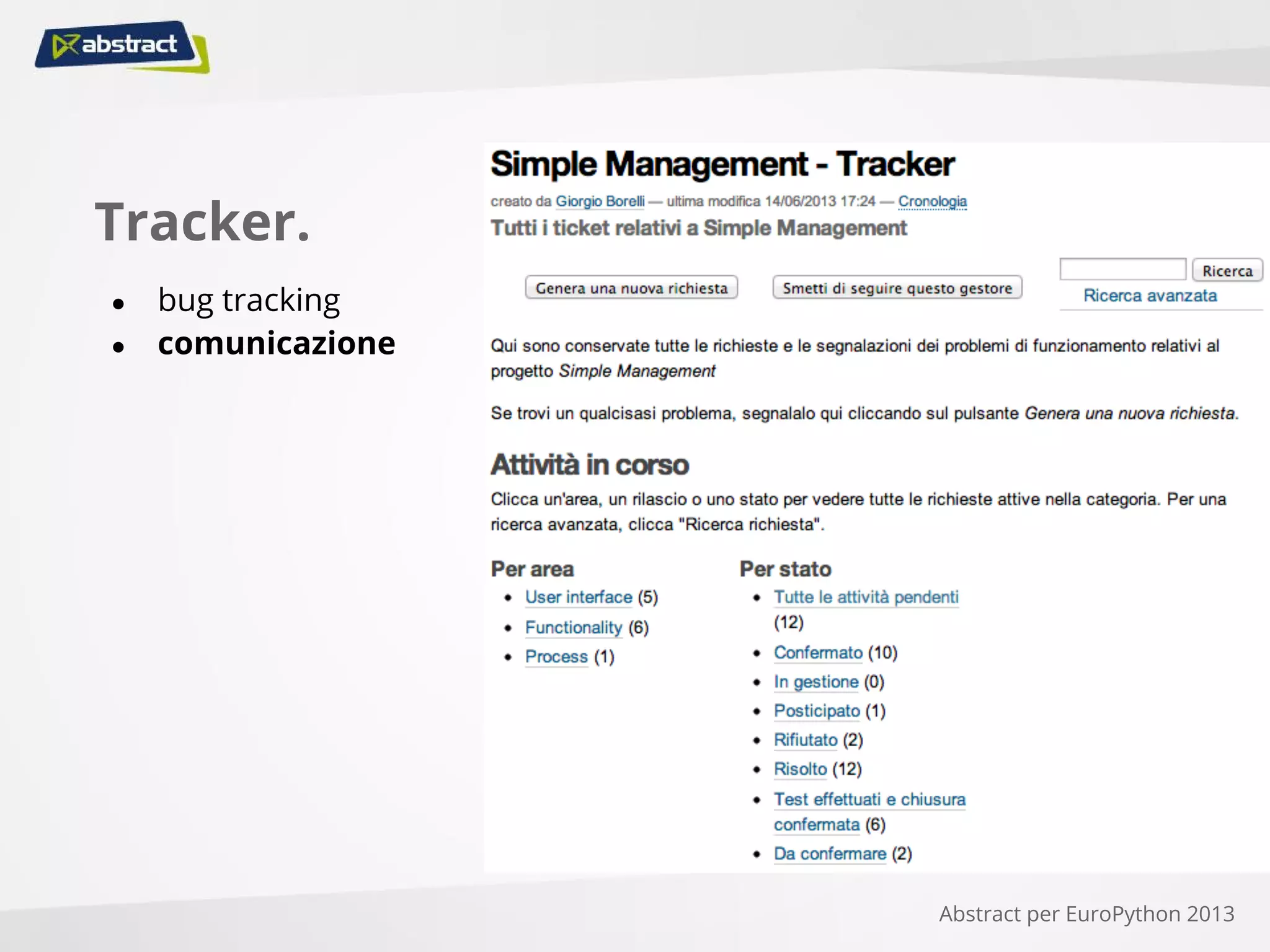 Tracker.
● bug tracking
● comunicazione
Abstract per EuroPython 2013
 