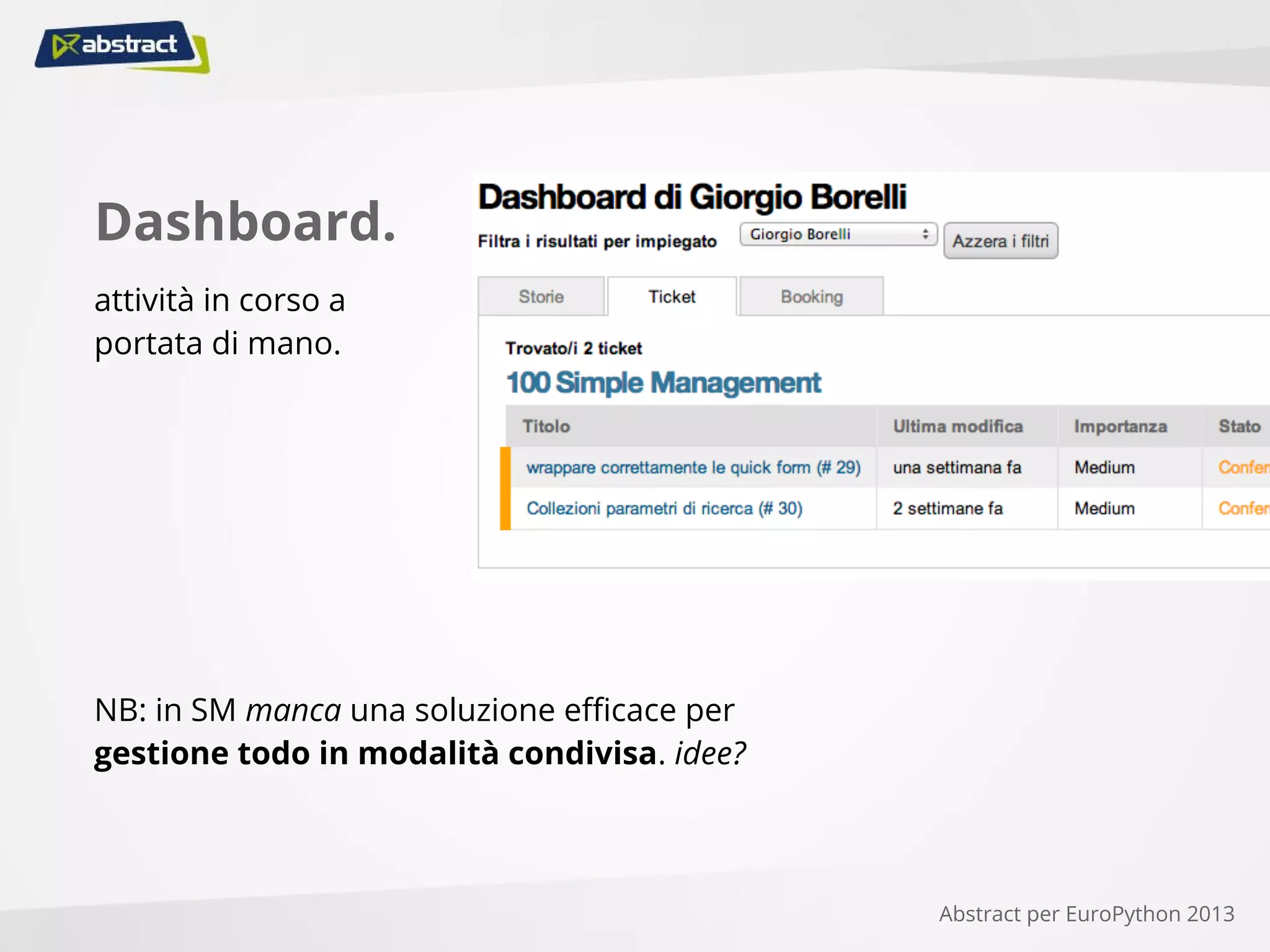Dashboard.
attività in corso a
portata di mano.
Abstract per EuroPython 2013
NB: in SM manca una soluzione efficace per
gestione todo in modalità condivisa. idee?
 