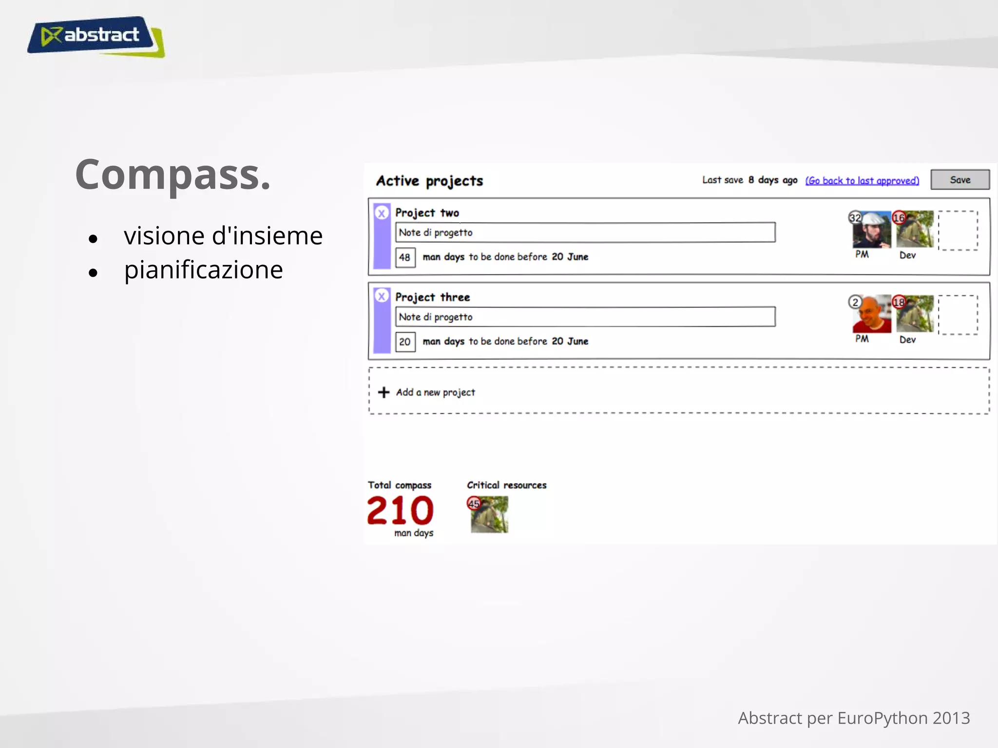 Compass.
● visione d'insieme
● pianificazione
Abstract per EuroPython 2013
 